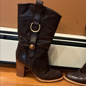 Coach Dark Brown Heeled Boots with Gold Accents